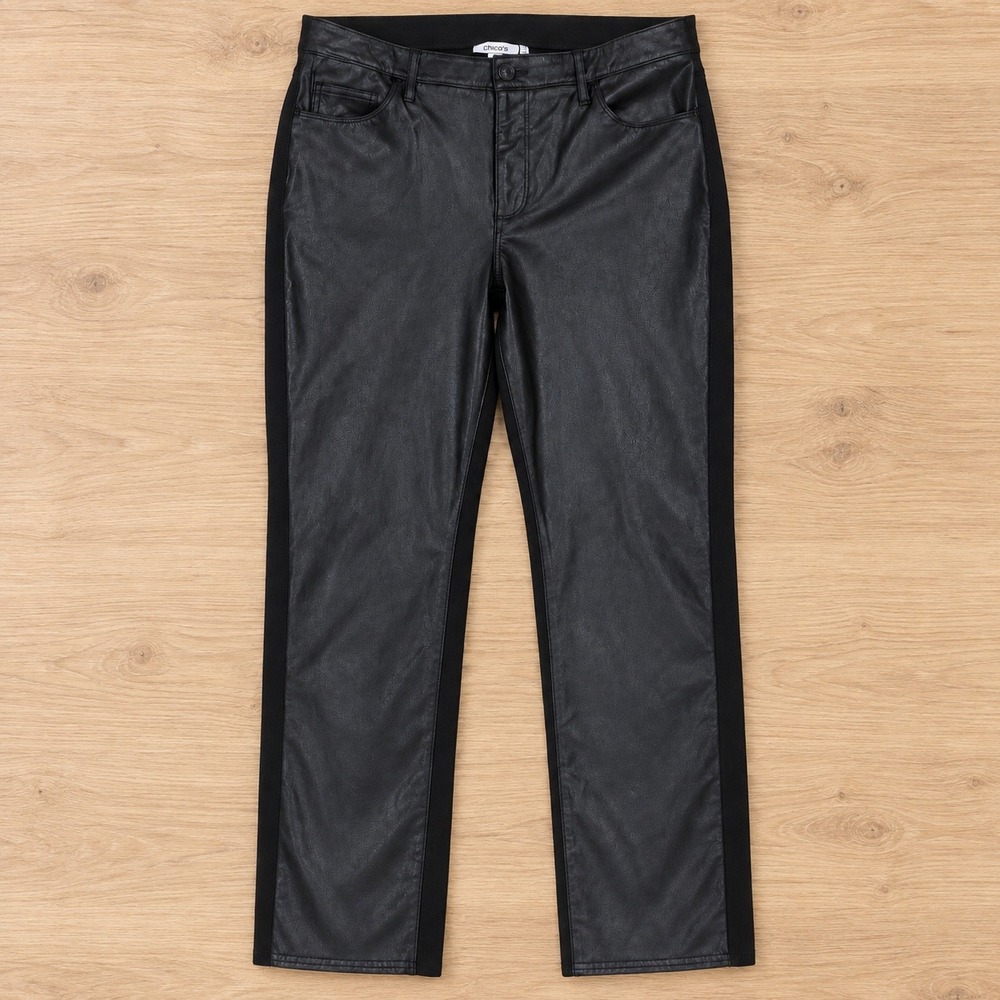 Chico's Faux Leather Front Pants Size 2.5R US 14R Black Mixed Media Straight Leg